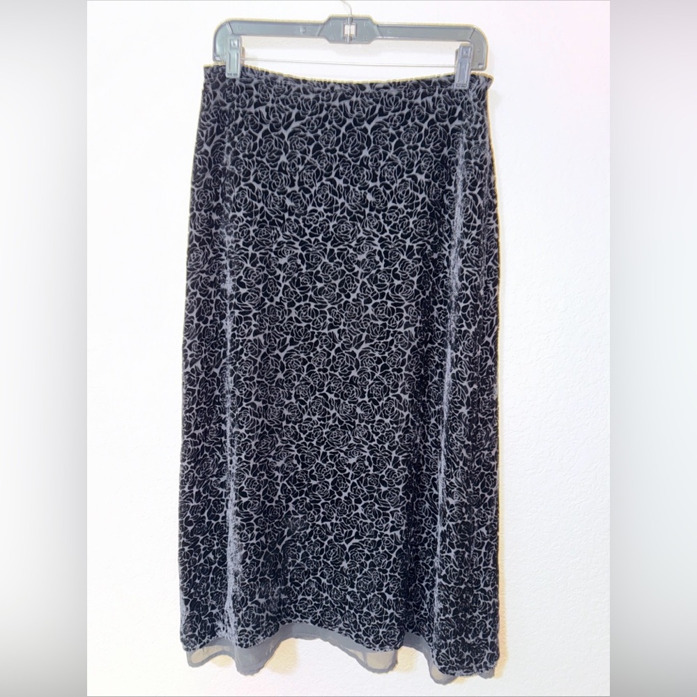 VTG Liz Claiborne Black Velvet Burnout Silk Rayon Maxi Skirt 12P Y2K Whimsihoth
